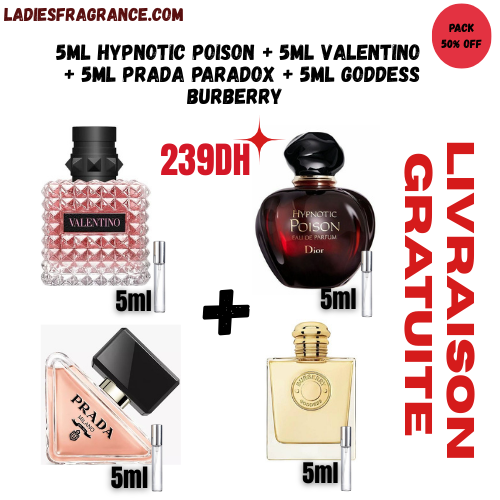 pack 5ml hypnotic poison + 5ml valentino  + 5ml prada paradox + 5ml Goddess Burberry